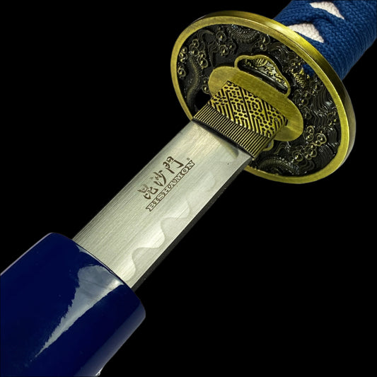 Bishamon Samurai Sword Blue Dragon Scabbard W/ Stand