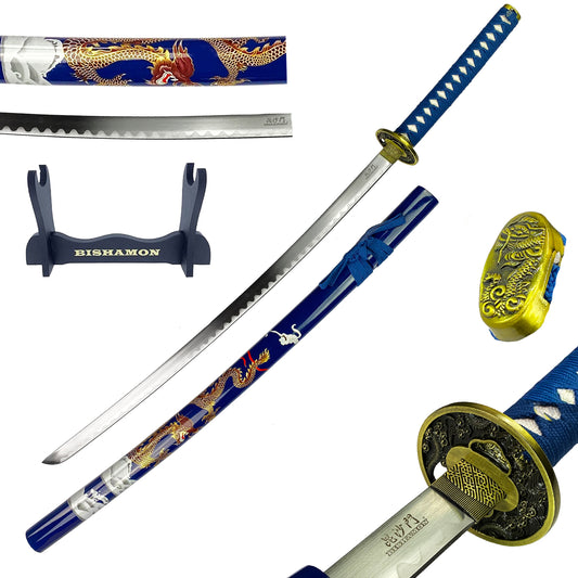 Bishamon Samurai Sword Blue Dragon Scabbard W/ Stand