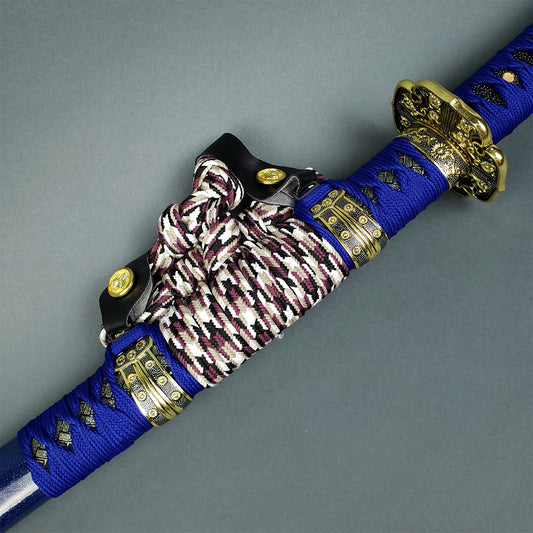 Blue Musha Ceremonial Jintachi Katana with multi-tone sageo.